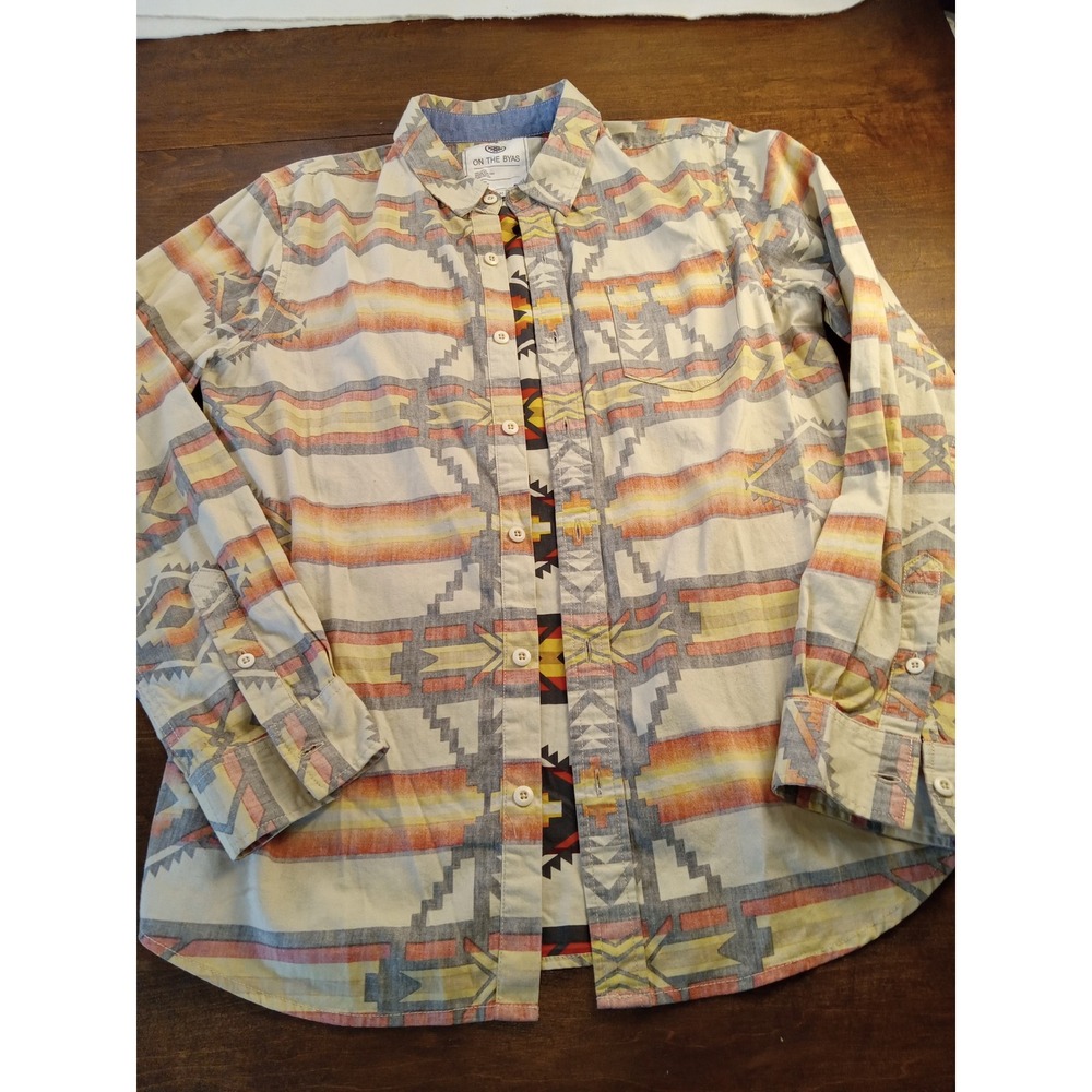 On The Byas Mens Medium Button Down Shirt Aztec Southwestern Print